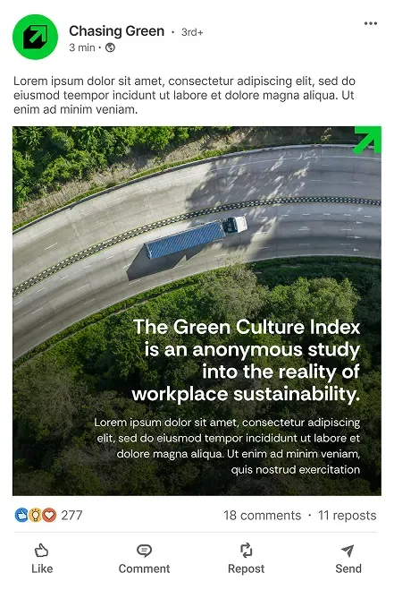 Chasing Green LinkedIn post about the Green Culture Index, showing an aerial view of a road through a forest