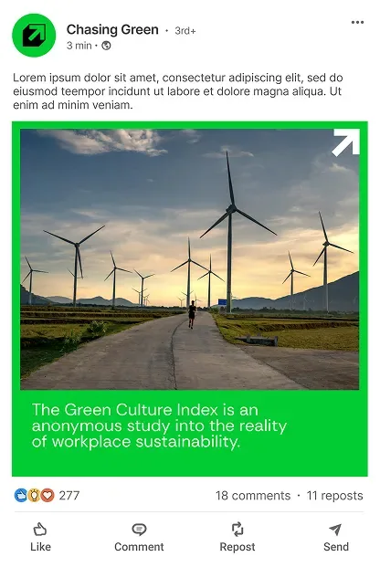 Chasing Green LinkedIn post about the Green Culture Index, showing wind turbines beside a road